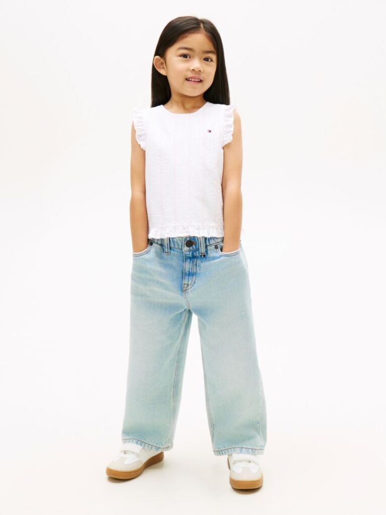 White Crossover Back Seersucker Sleeveless Shirt  Girls