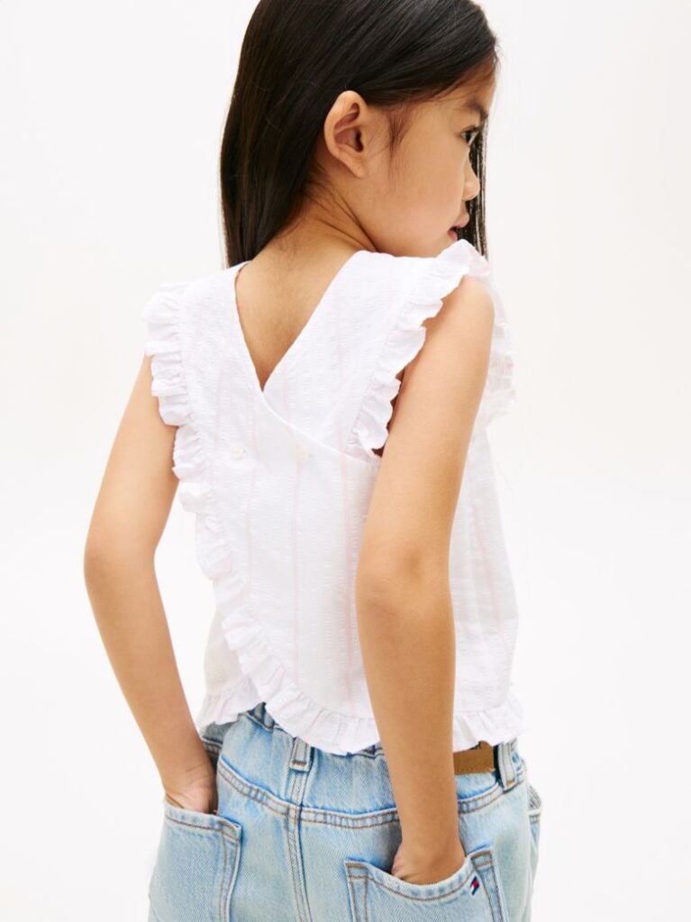 White Crossover Back Seersucker Sleeveless Shirt  Girls