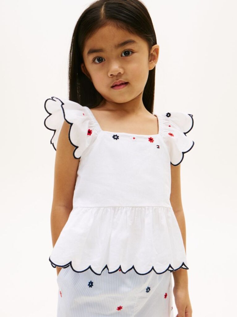 White Floral Embroidery Short Sleeve Top  Girls