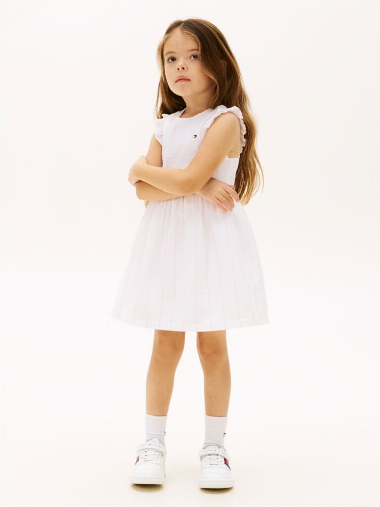 White Open Back Seersucker Fit And Flare Dress  Girls