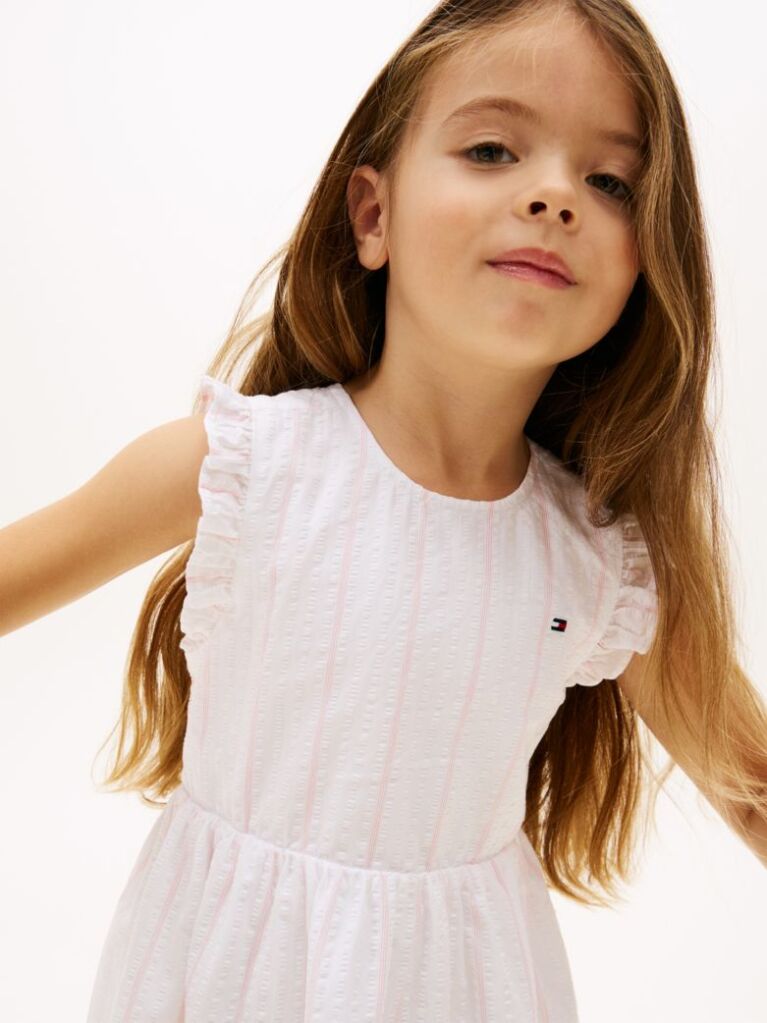 White Open Back Seersucker Fit And Flare Dress  Girls