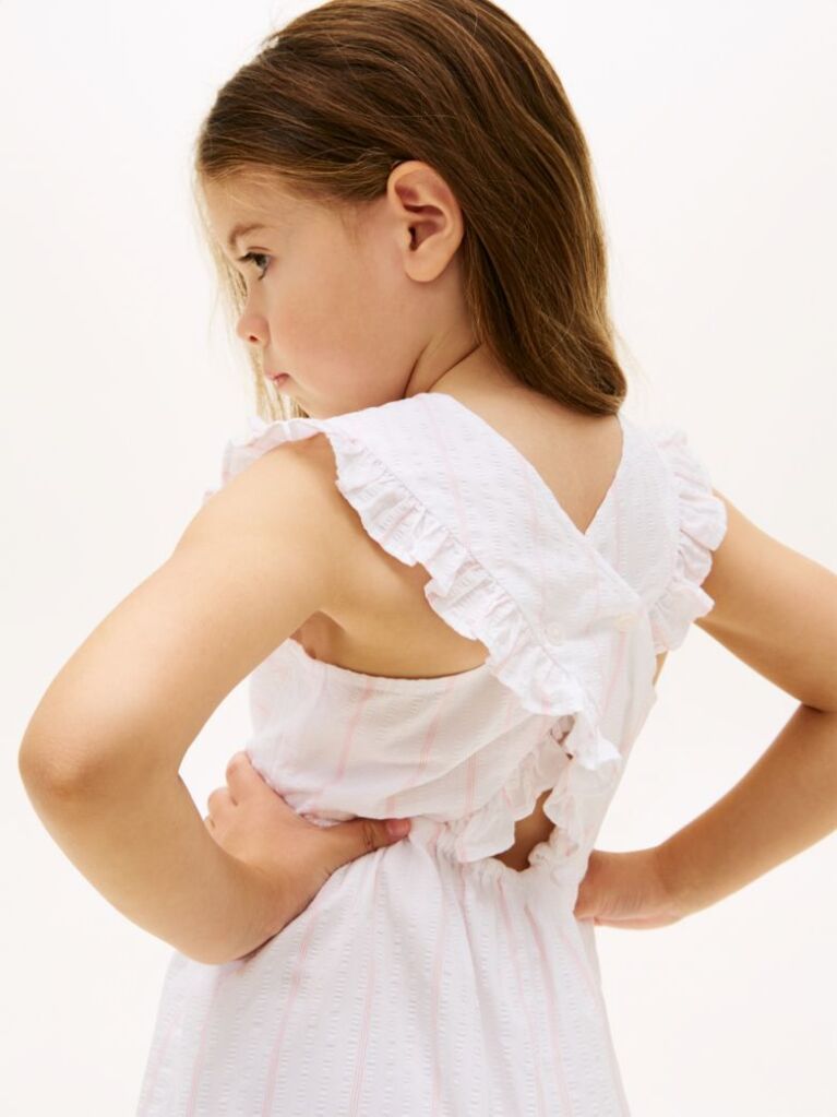 White Open Back Seersucker Fit And Flare Dress  Girls