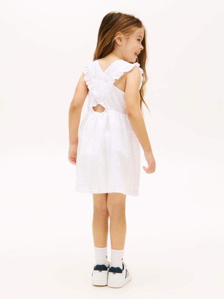 White Open Back Seersucker Fit And Flare Dress  Girls