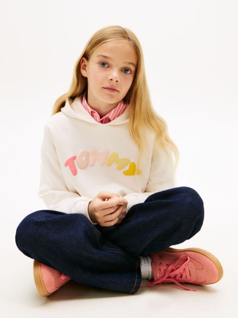 Beige Textured Logo Relaxed Hoody  Girls