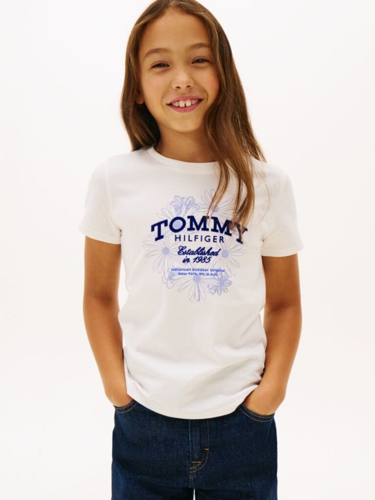 White Floral Flock Logo Slim T-Shirt  Girls