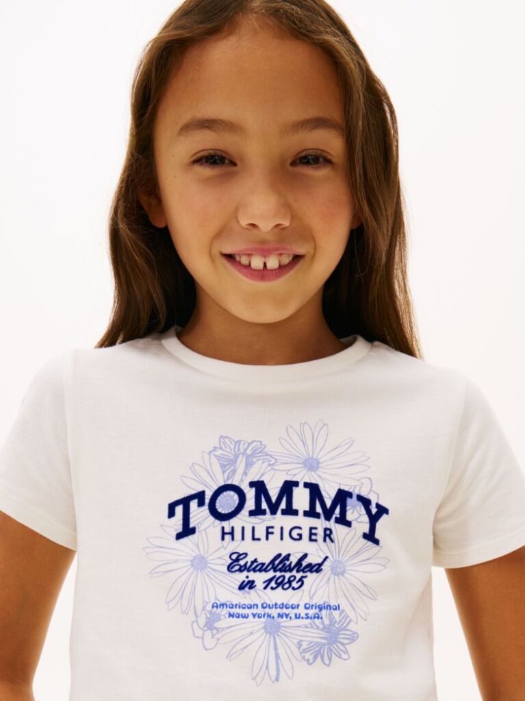 White Floral Flock Logo Slim T-Shirt  Girls