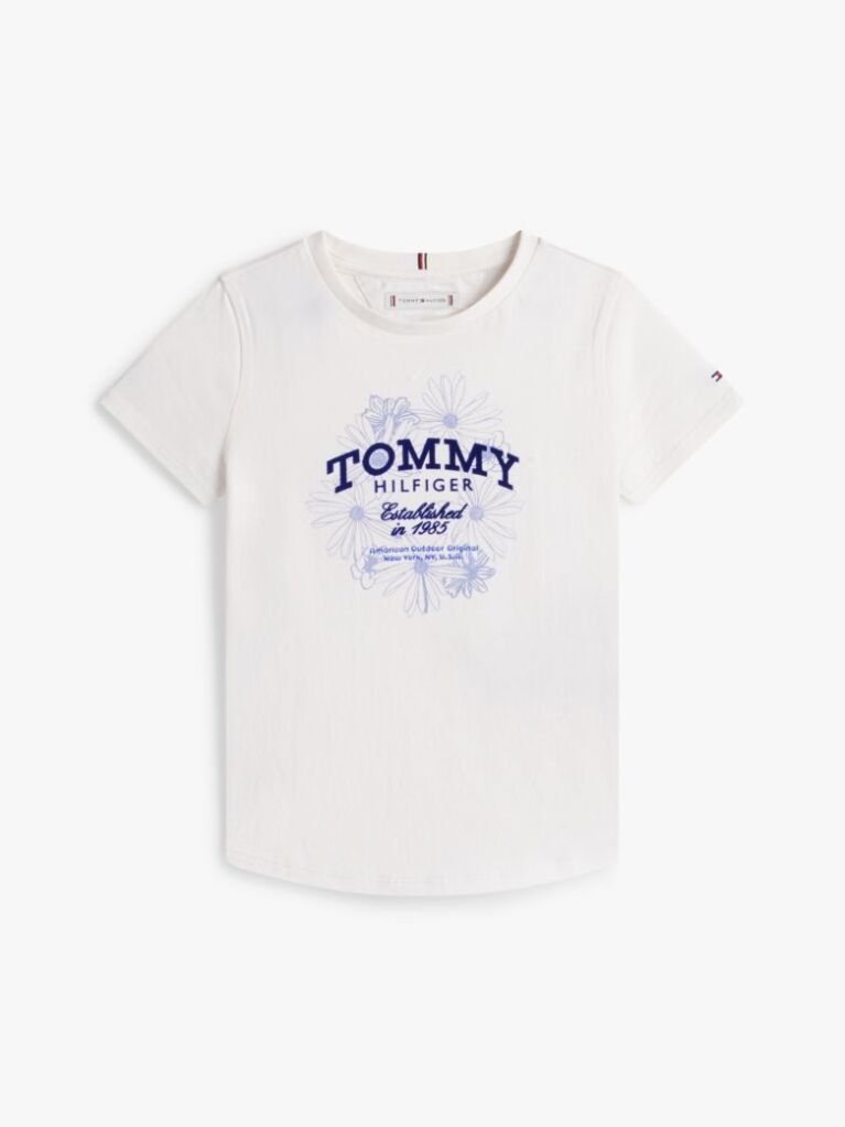 White Floral Flock Logo Slim T-Shirt  Girls