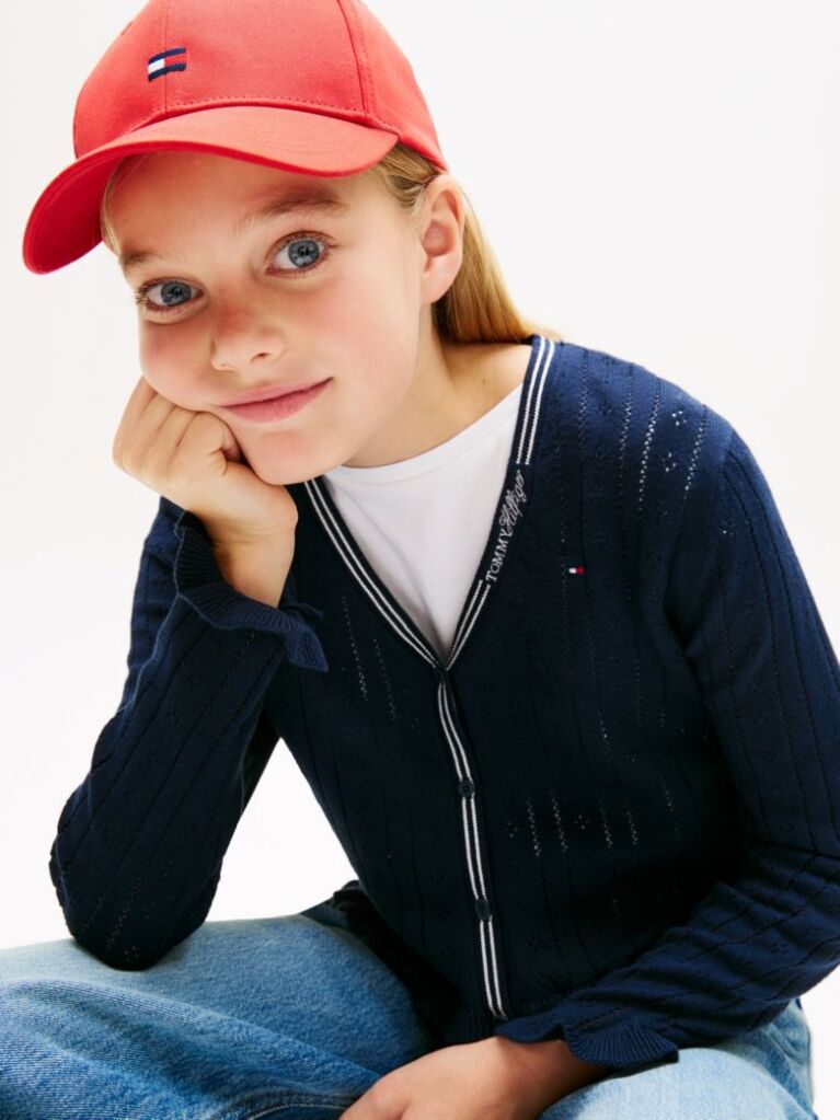 Blue Pointelle Ruffle Trim V-Neck Cardigan  Girls