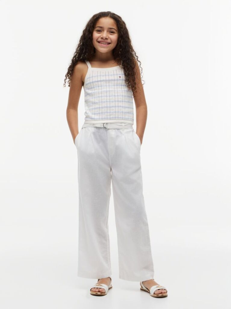 White Belted Wide Leg Linen Blend Trousers  Girls