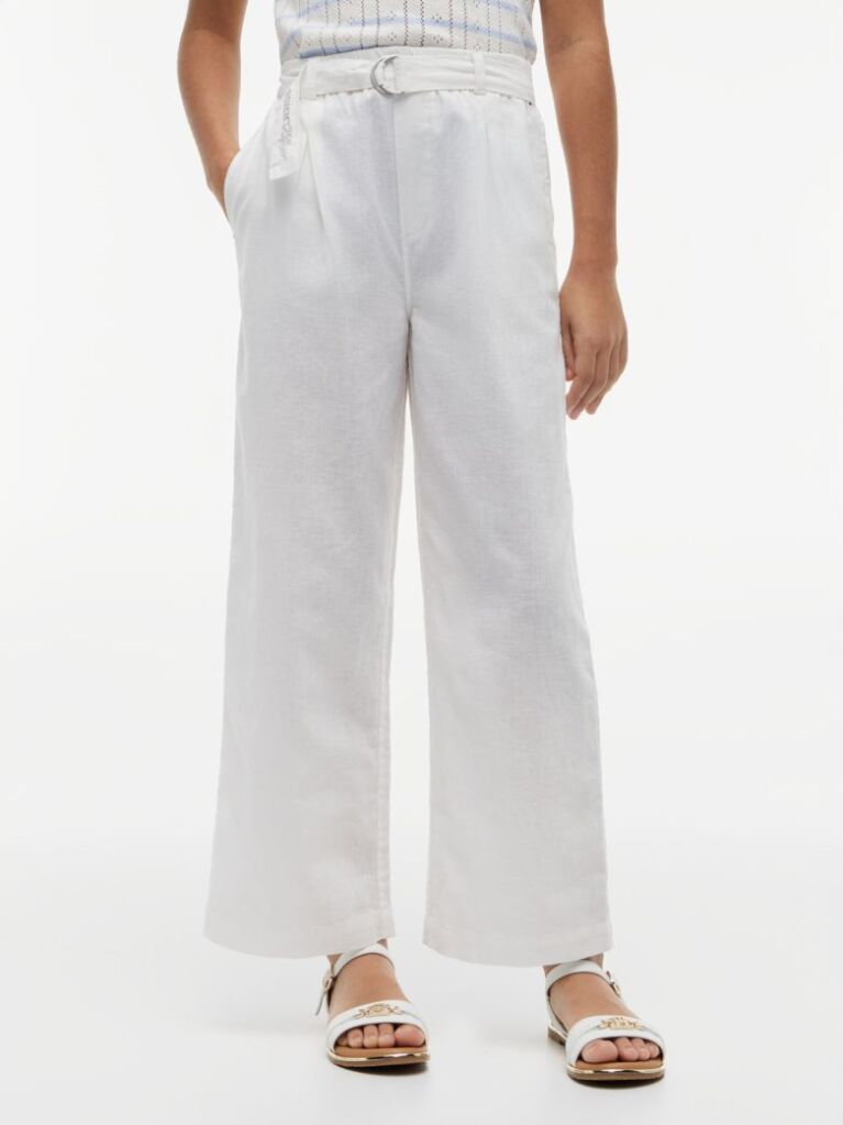 White Belted Wide Leg Linen Blend Trousers  Girls