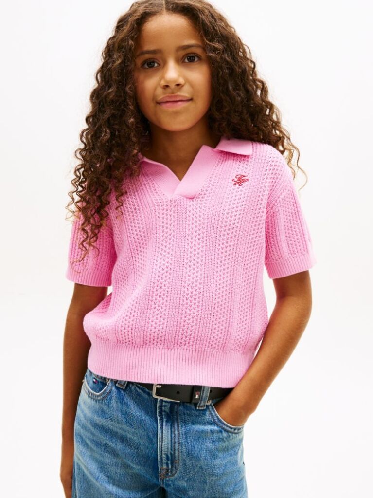 Pink Crochet Open Placket Polo Top  Girls