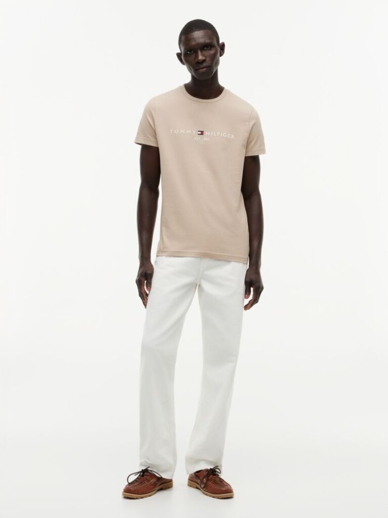Beige Organic Cotton Chest Logo T-Shirt  Men