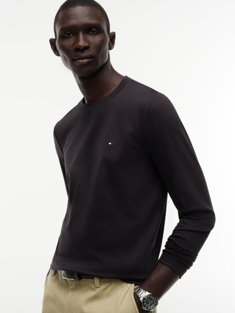 Μαύρο Interlock Μακρυμάνικο T-Shirt Σε Slim Γραμμή  Άνδρες