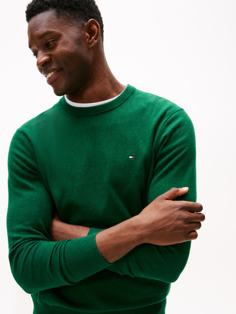 Green Cotton Cashmere Crew Neck Jumper.  Men