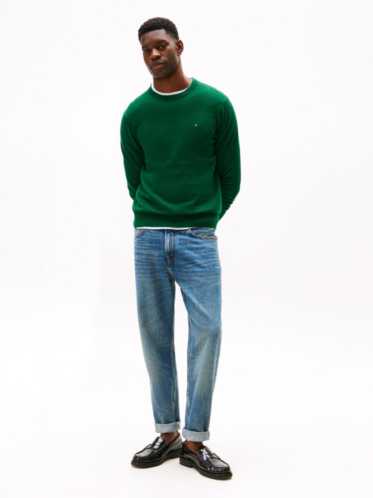Green Cotton Cashmere Crew Neck Jumper.  Men