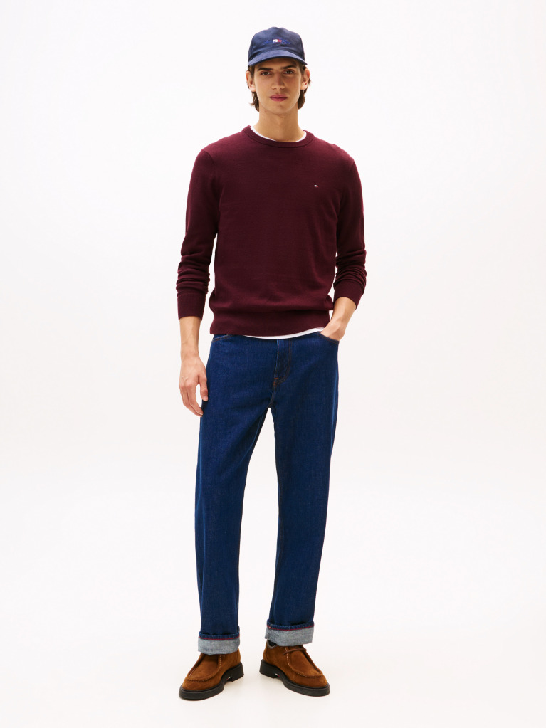 Red Cotton Cashmere Crew Neck Jumper.  Men
