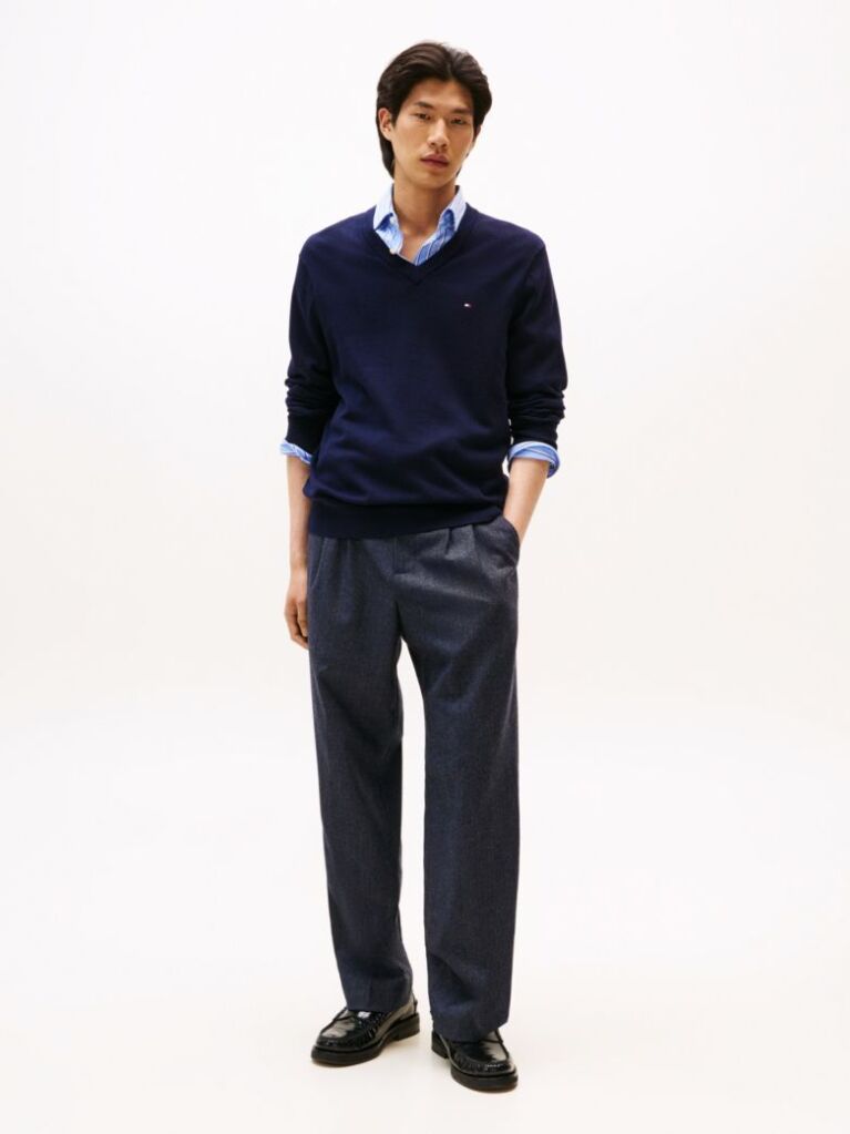 Blue Cotton Cashmere V-Neck Jumper  Men