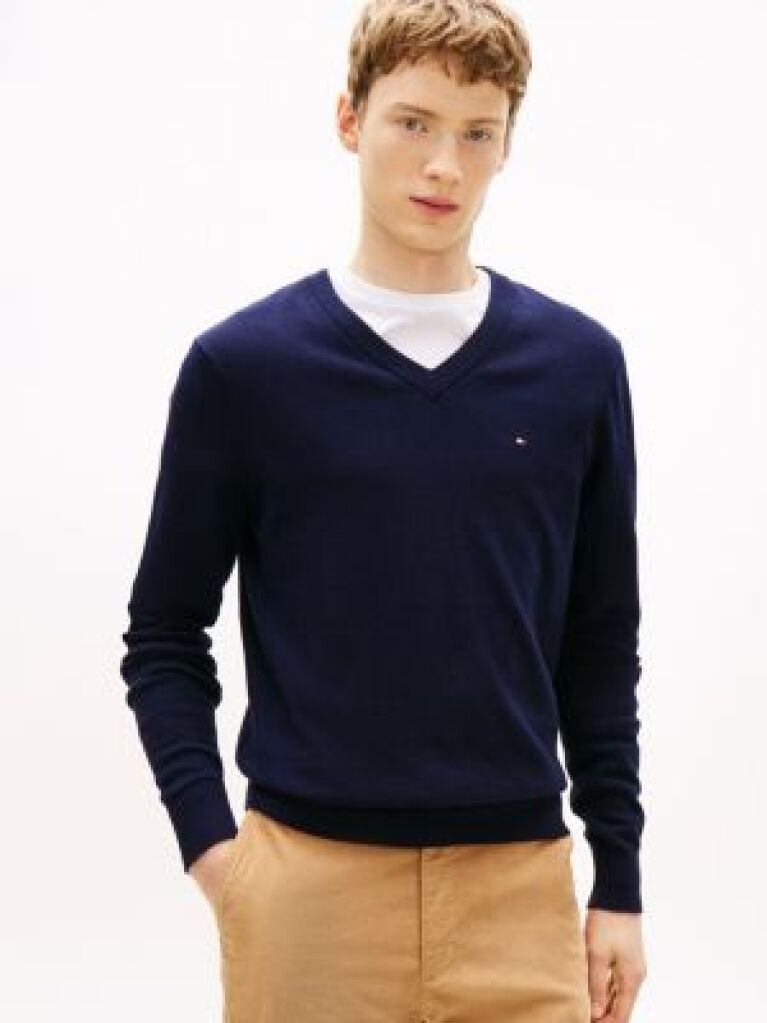 Blue Cotton Cashmere V-Neck Jumper  Men