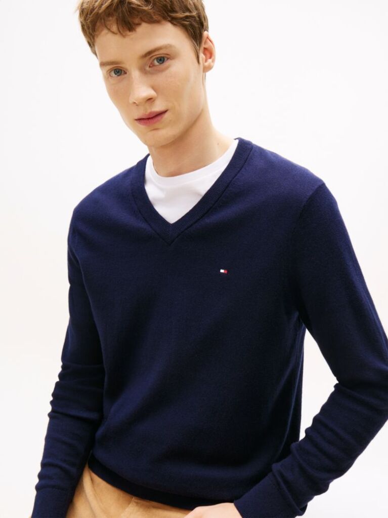 Blue Cotton Cashmere V-Neck Jumper  Men
