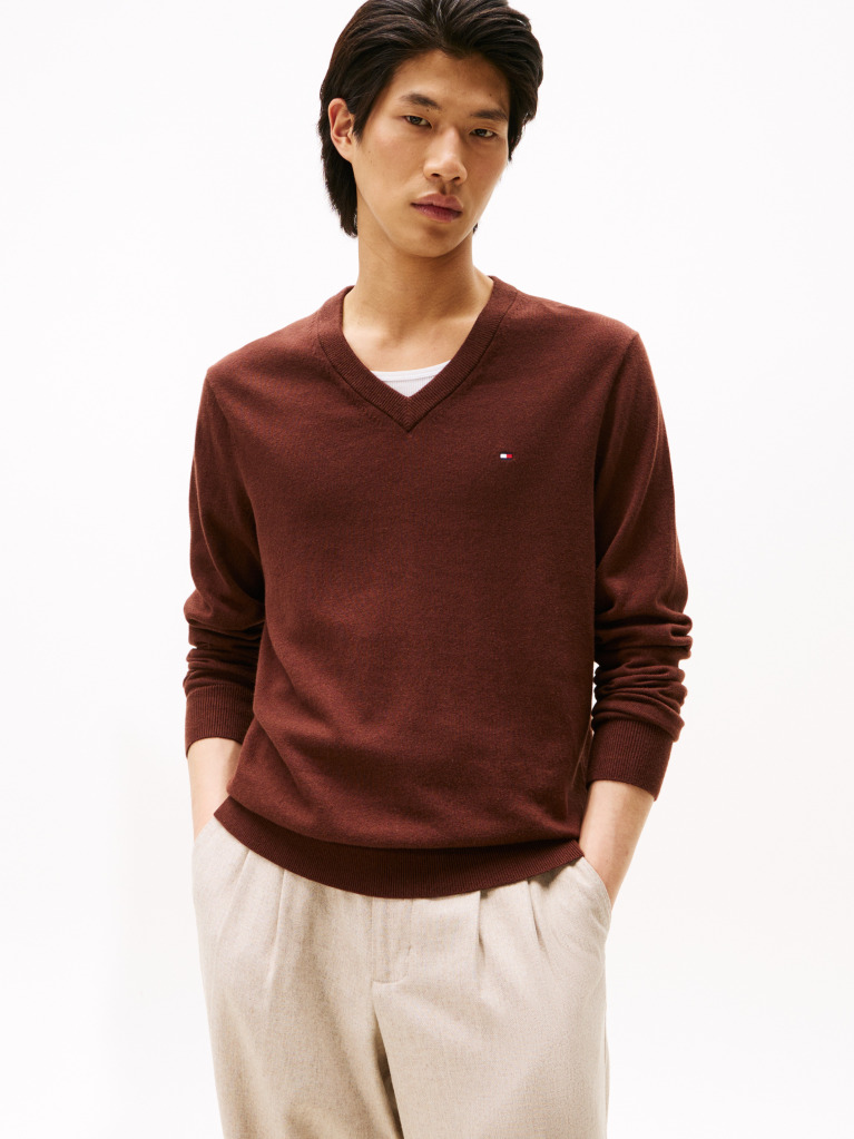 Brown Cotton Cashmere V-Neck Jumper  Men