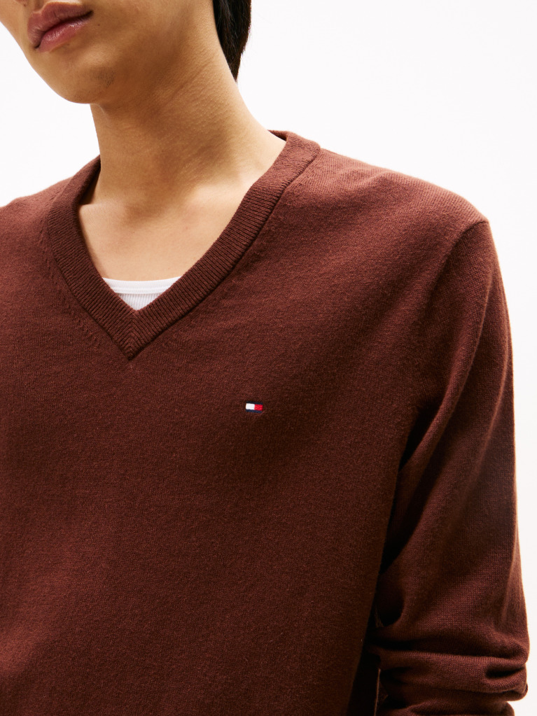 Brown Cotton Cashmere V-Neck Jumper  Men