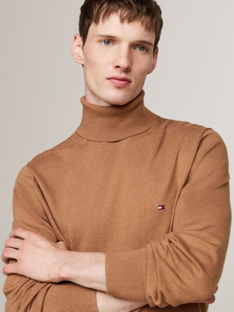 Brown Cotton Cashmere Roll Neck Jumper  Men
