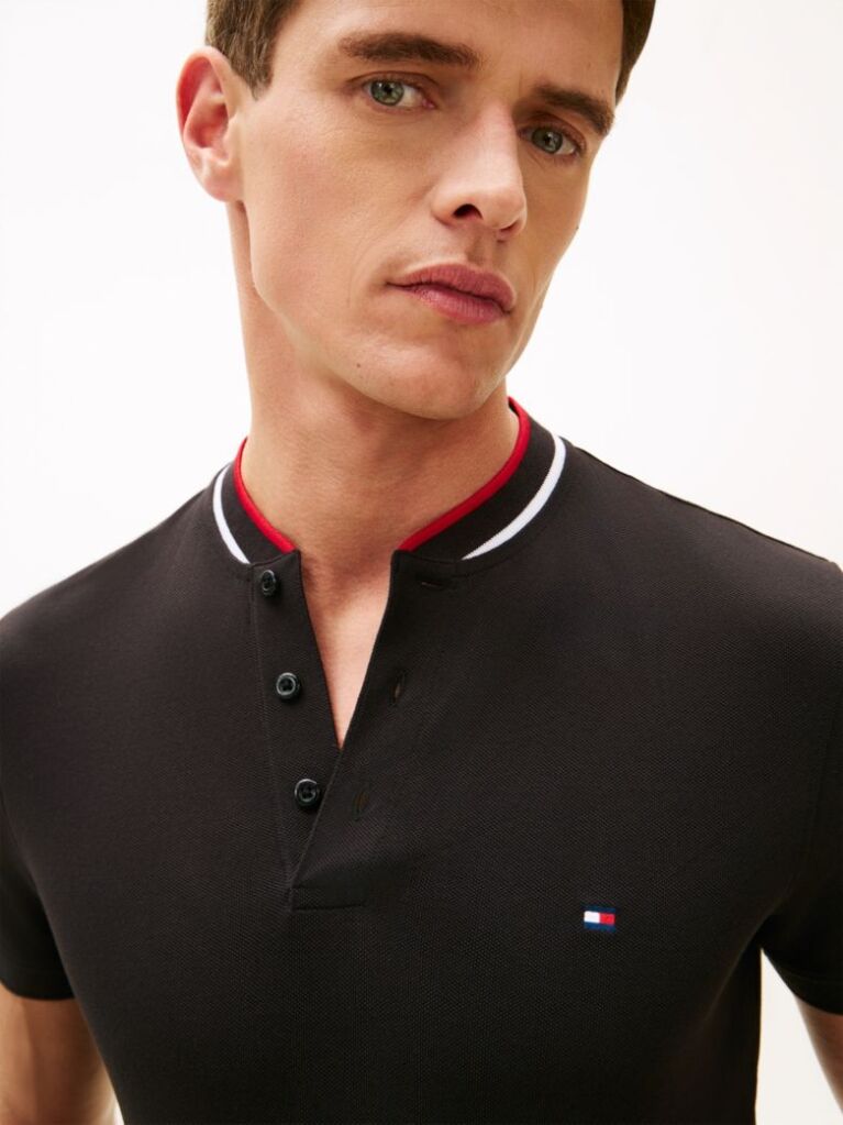 Black Mandarin Collar Slim Polo Shirt  Men