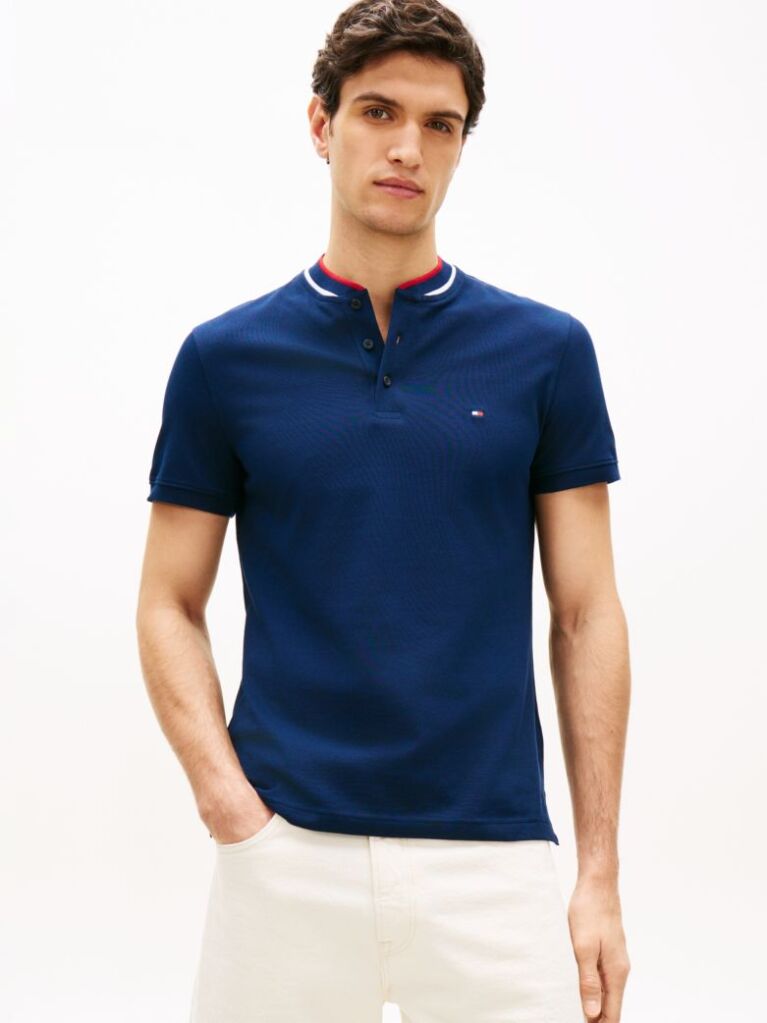 Blue Mandarin Collar Slim Polo Shirt  Men