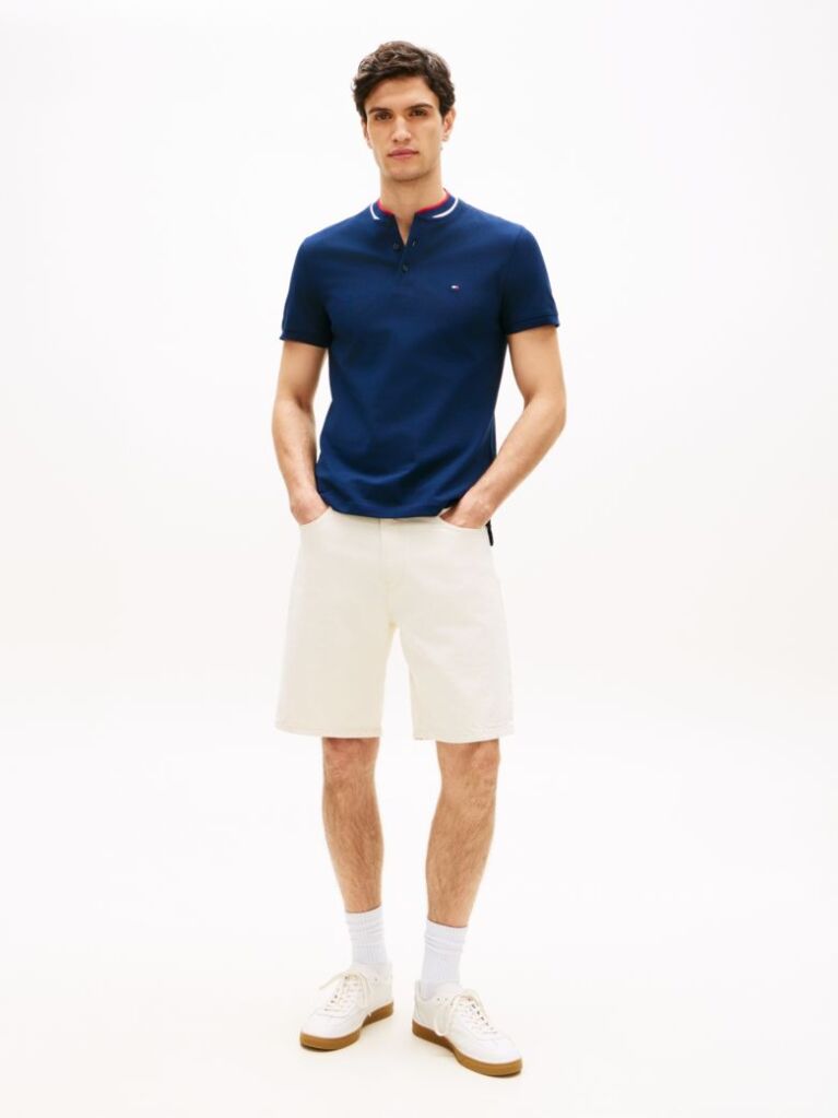Blue Mandarin Collar Slim Polo Shirt  Men