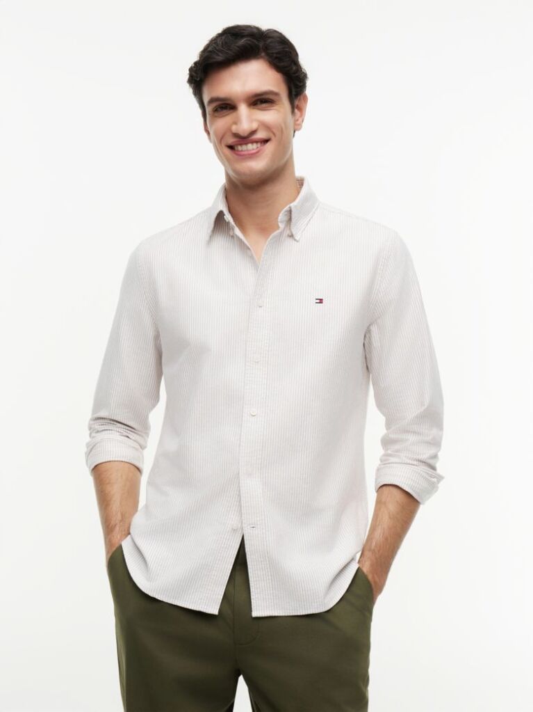 Beige Heritage Stripe Regular Fit Oxford Shirt  Men