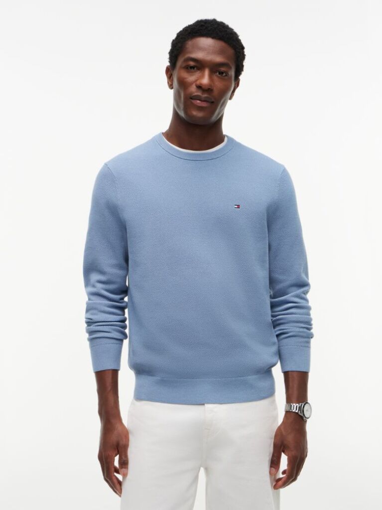 Blue Crew Neck Textured Knit Jumper  Men