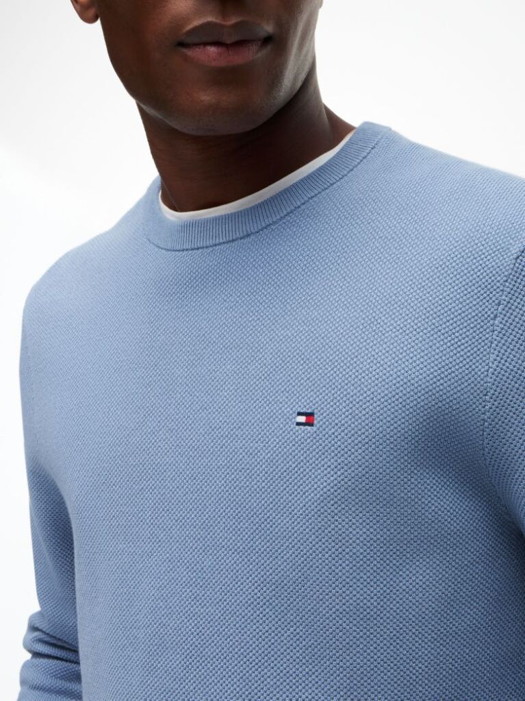 Blue Crew Neck Textured Knit Jumper  Men