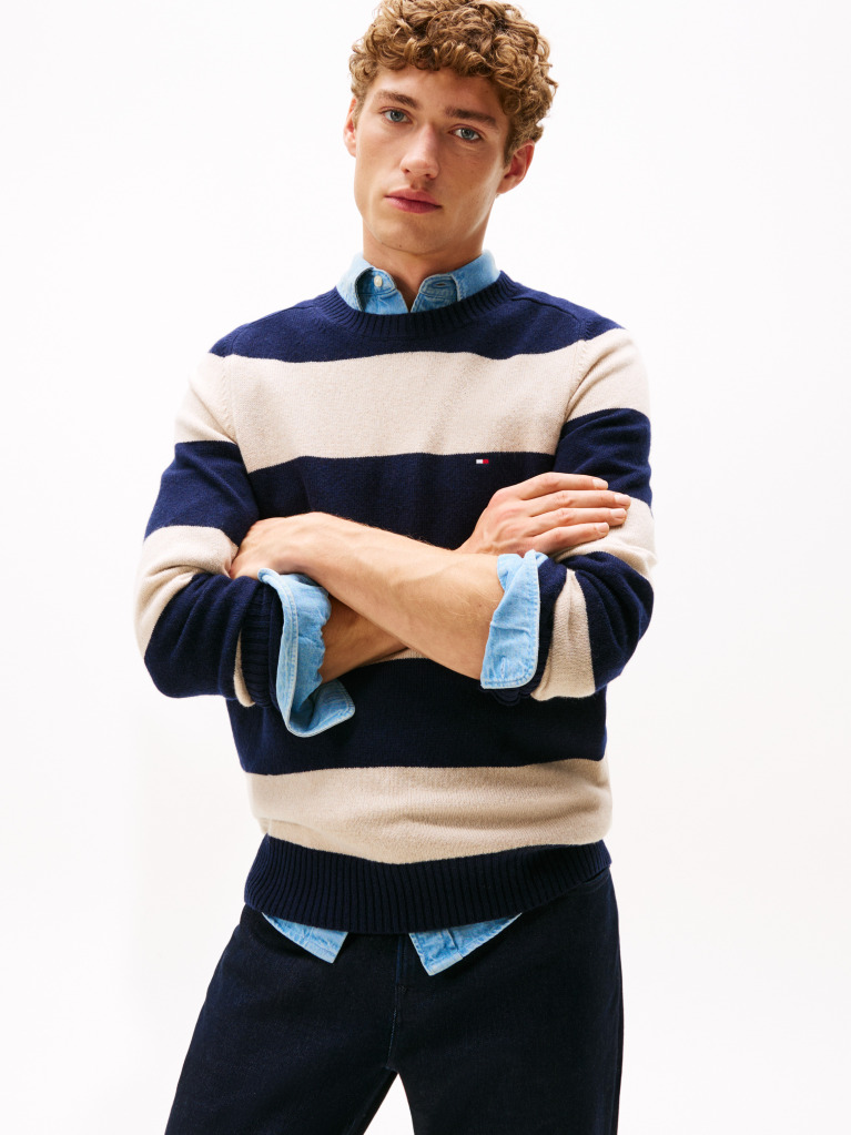 Multi Pure Lambswool Crew Neck Jumper  Men