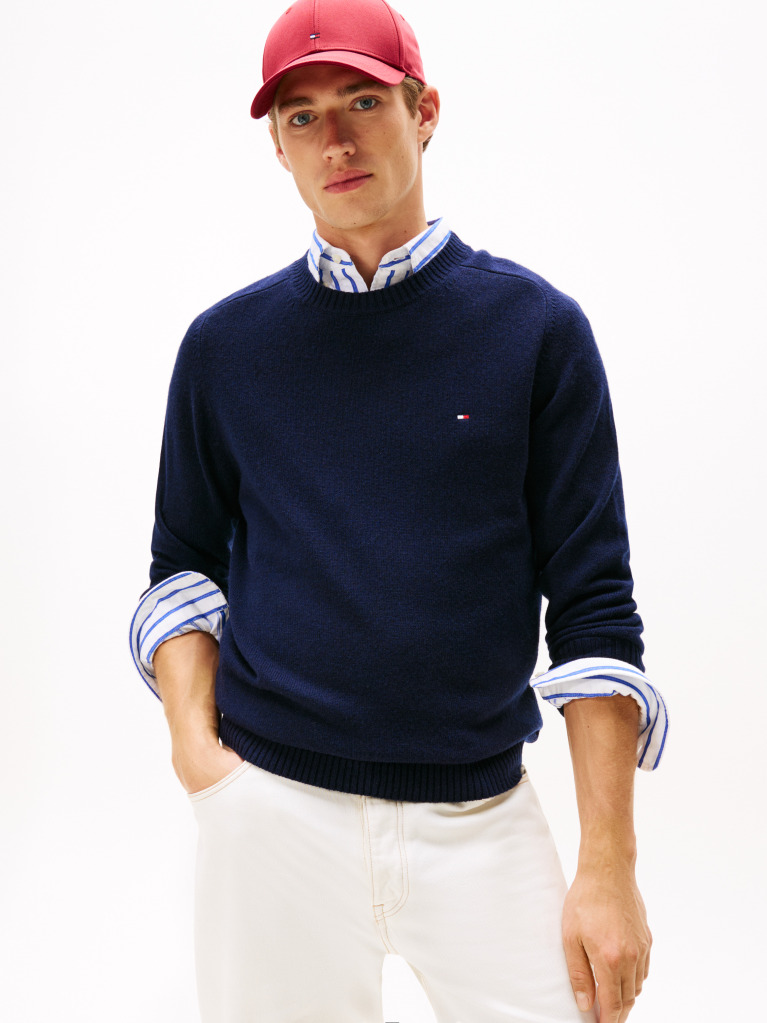Blue Pure Lambswool Crew Neck Jumper  Men