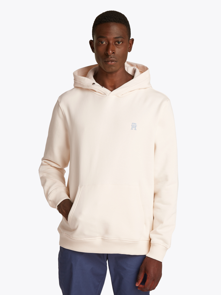 White Contrast TH Monogram Embroidery Hoody  Men