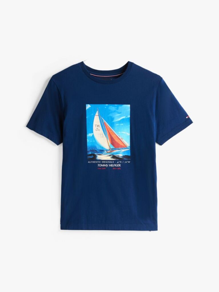 Blue Photo Print Cotton T-Shirt  Men