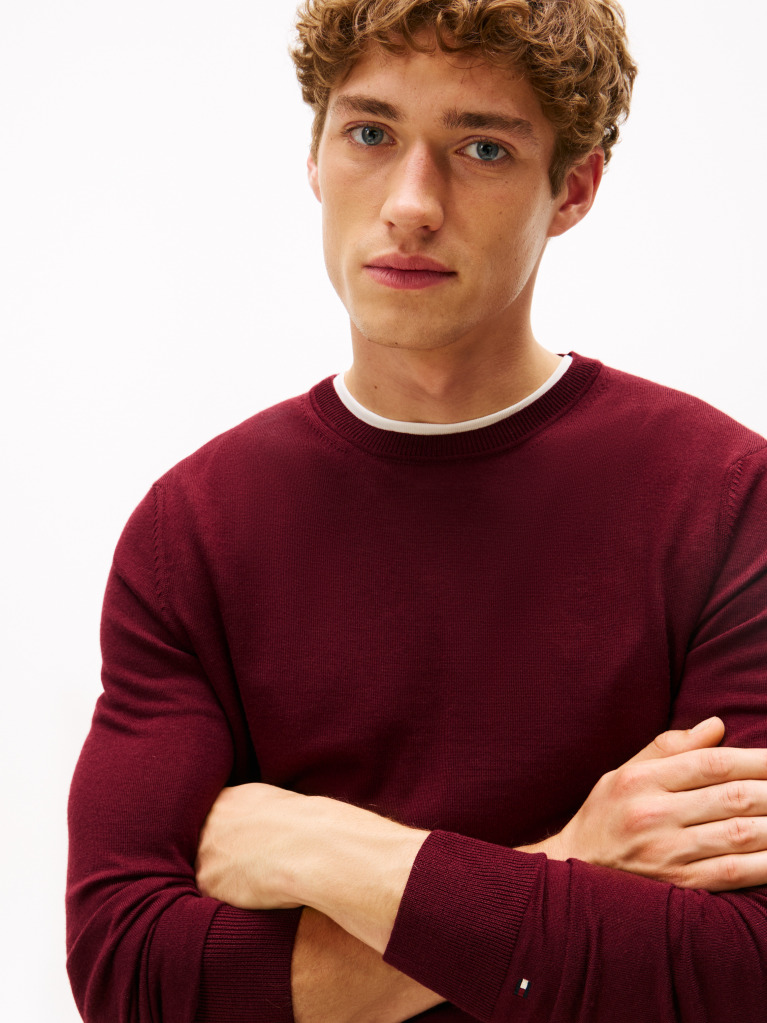 Red Fine Merino Wool Crew Neck Sweater  Men
