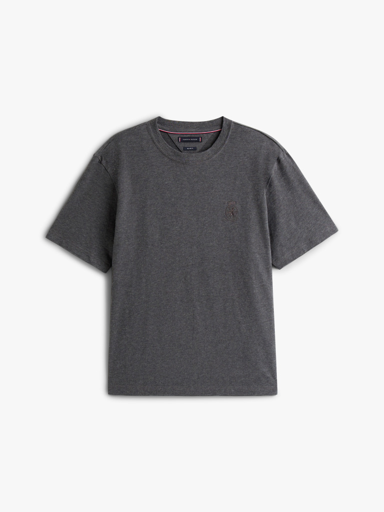 Grey Varsity Textured Crest Embroidery T-Shirt  Men