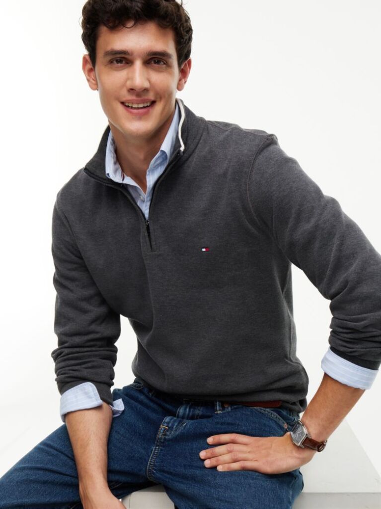 Grey Ribbed French Terry Quarter-Zip Jumper  Men