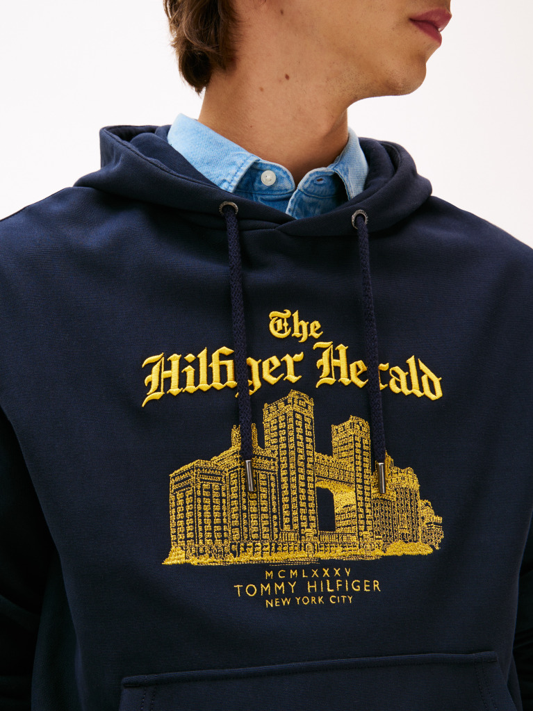 Blue Logo Embroidery Relaxed Drawstring Hoody  Men
