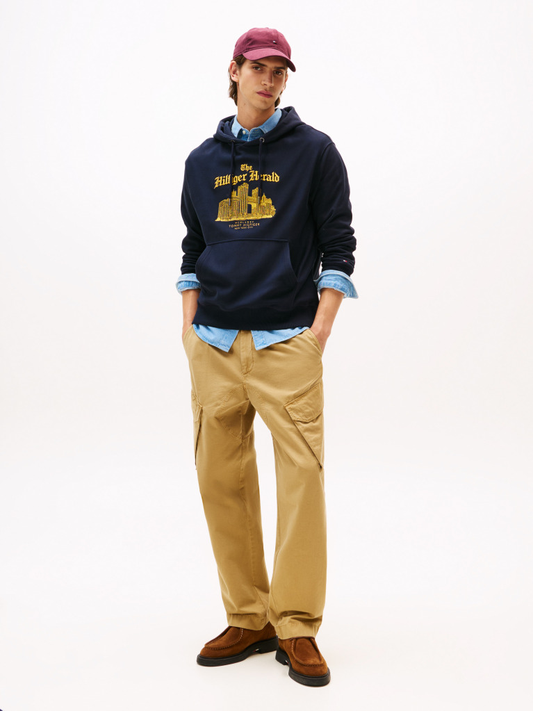 Blue Logo Embroidery Relaxed Drawstring Hoody  Men