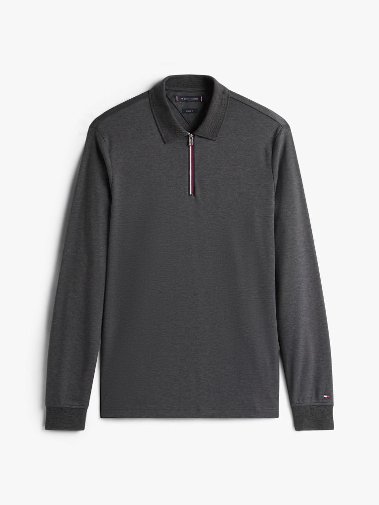 Grey Interlock Zip Long Sleeve Polo Shirt  Men