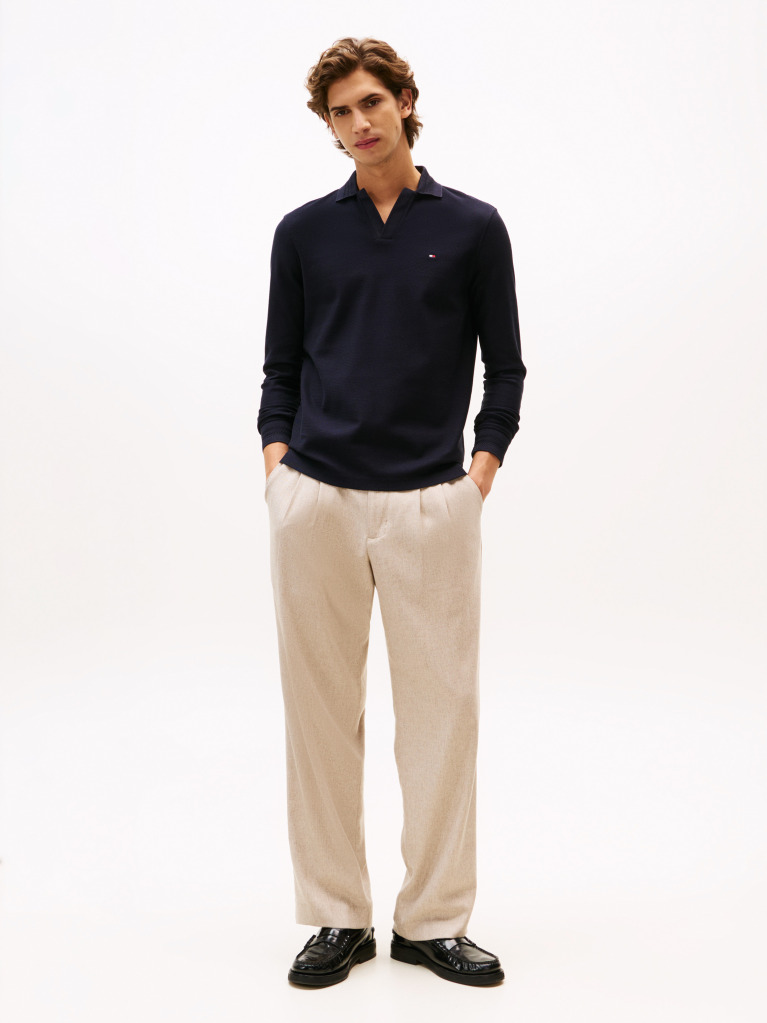Blue Jacquard Long Sleeve Polo Shirt  Men