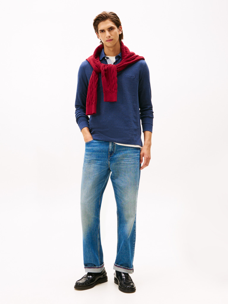 Blue Long-Sleeve Tonal Monotype Regular Polo  Men
