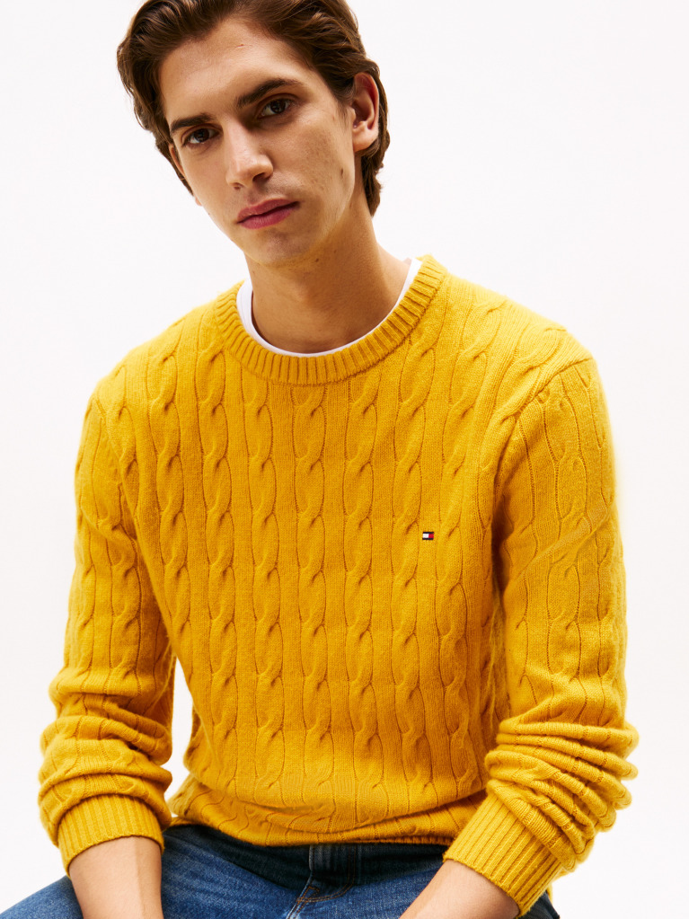 Yellow Pure Wool Cable Knit Jumper  Men