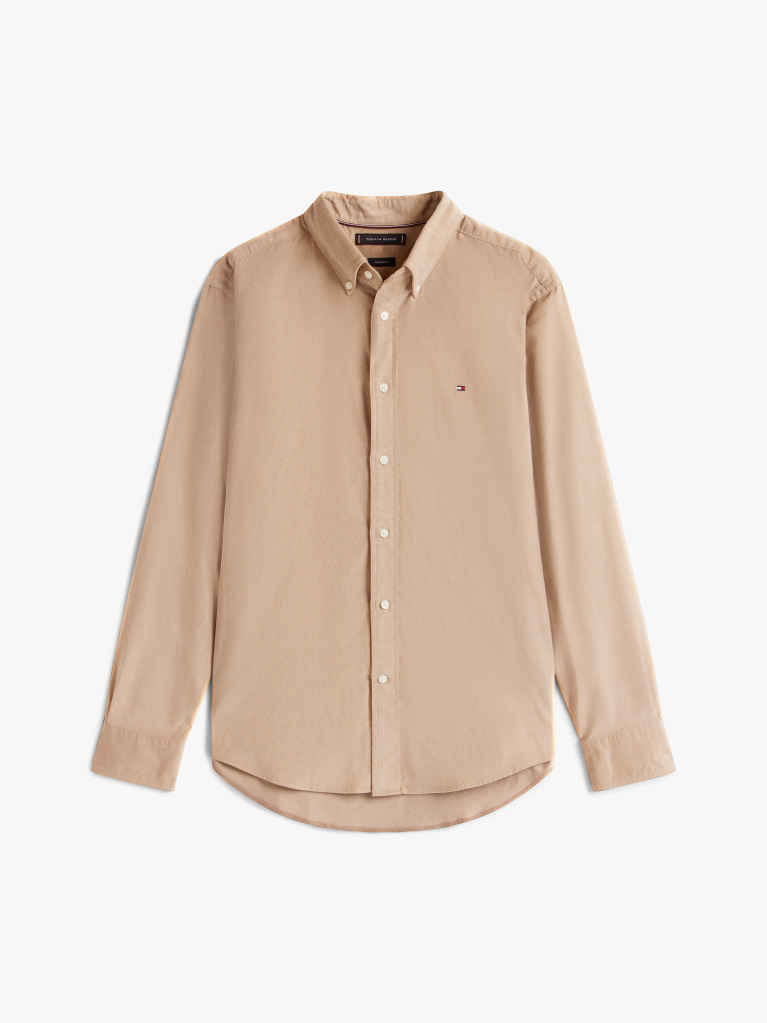 Beige Regular Fit Flag Embroidery Corduroy Shirt  Men