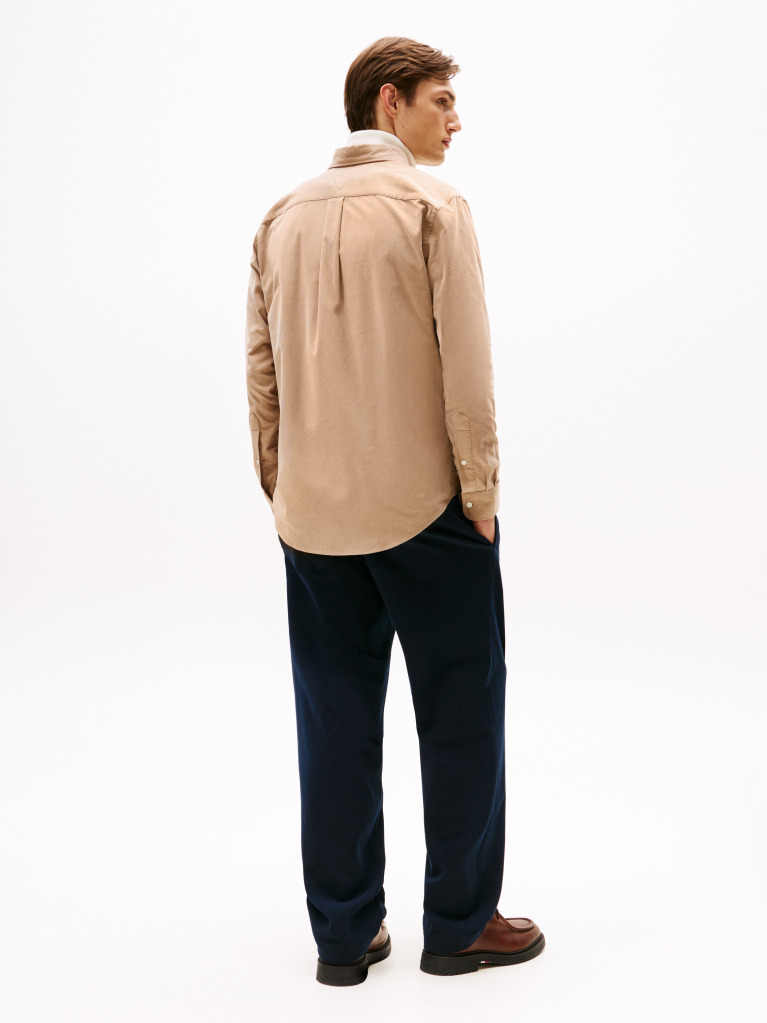 Beige Regular Fit Flag Embroidery Corduroy Shirt  Men