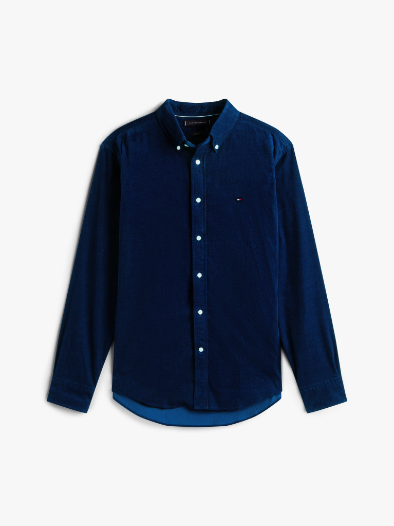 Blue Regular Fit Flag Embroidery Corduroy Shirt  Men