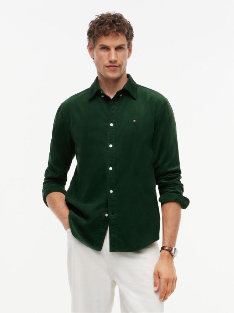 Green Regular Fit Flag Embroidery Corduroy Shirt  Men