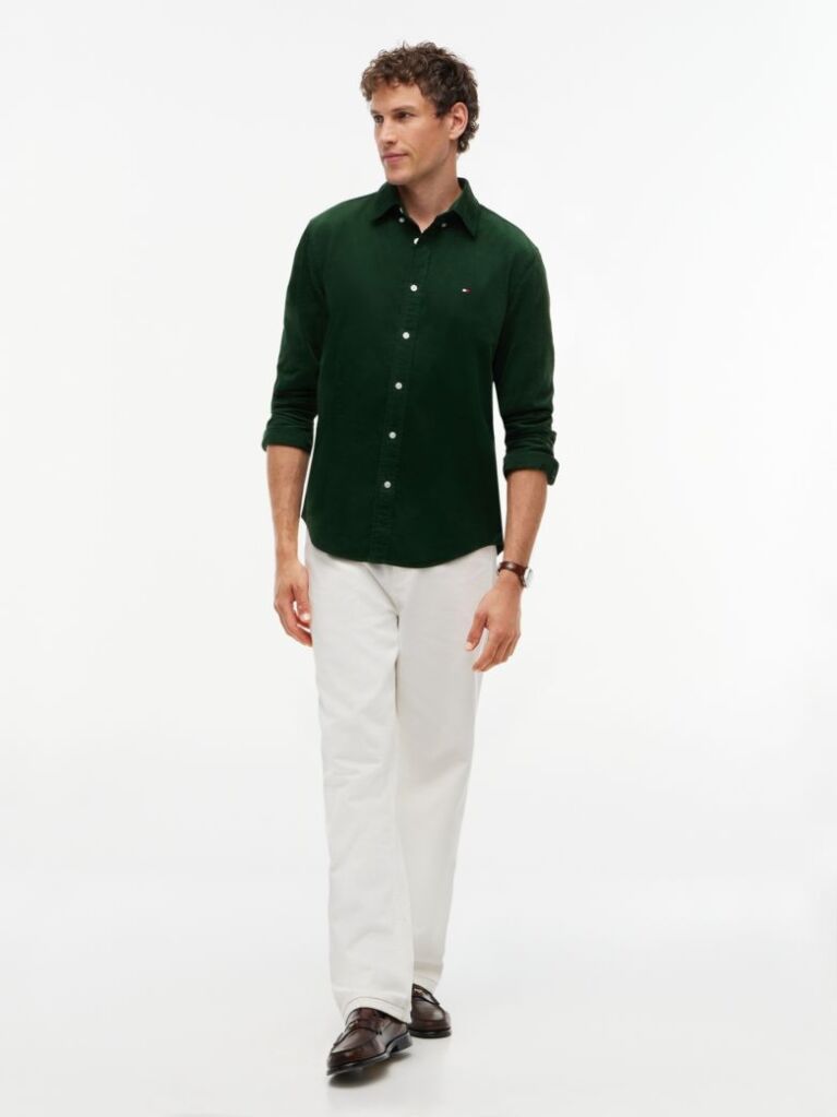 Green Regular Fit Flag Embroidery Corduroy Shirt  Men